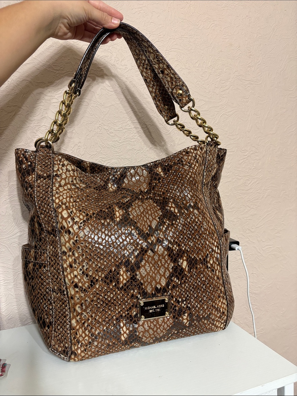 Michael Kors Brown Snake-Print Shoulder Tote with Gold Chain Detail